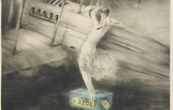 Картинка биплан, 1925, Louis Icart, арт-деко, офорт и акватинта, Перед полетом