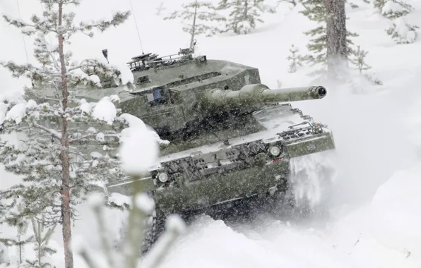 Картинка зима, снег, Леопард, танк, дереья