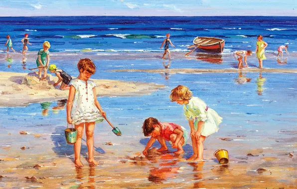 Вода, Море, Пляж, Дети, Картина, Девочки, Мальчики, Венгерский художник