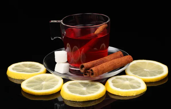 Картинка отражение, стол, лимон, чай, кружка, сахар, напиток, корица