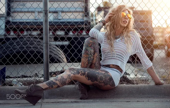 Girl, photographer, model, tattoo, blonde, urban, sunglasses, Evan Kane