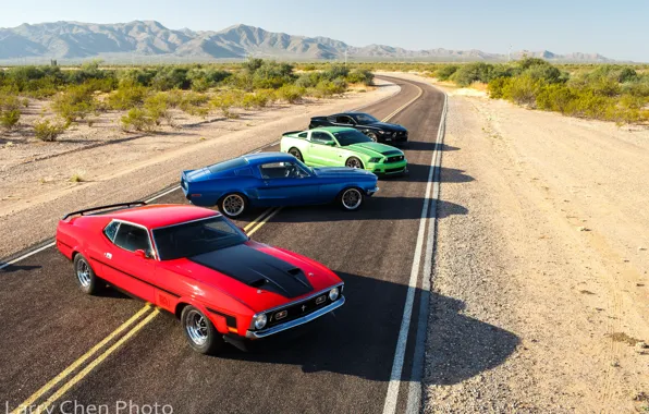 Картинка дорога, горы, синий, красный, зеленый, черный, пустыня, Mustang
