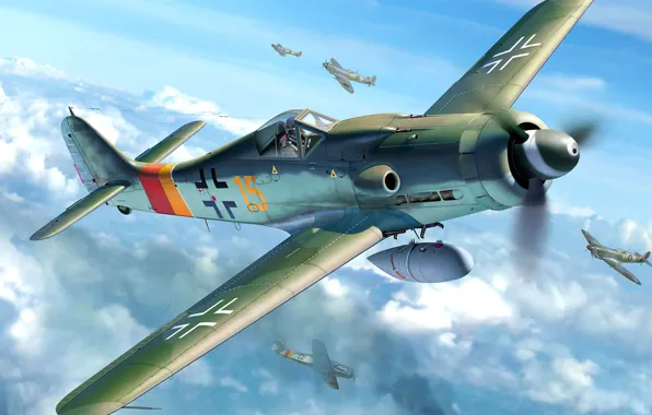 Картинка Spitfire, Focke-Wulf, Люфтваффе, Würger, FW-190D-9, поршневой истребитель-моноплан, немецкий одноместный одномоторный