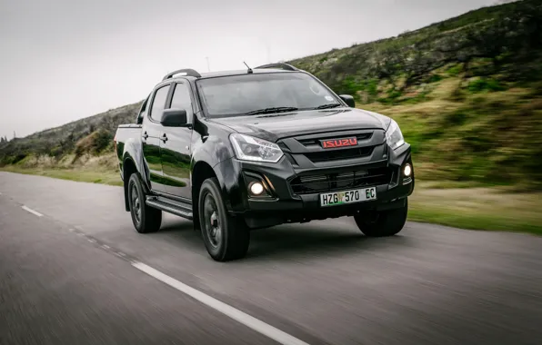 Картинка чёрный, пикап, 2018, Isuzu, на дороге, D-Max, KB 250 X-Rider Black, Isuzu KB