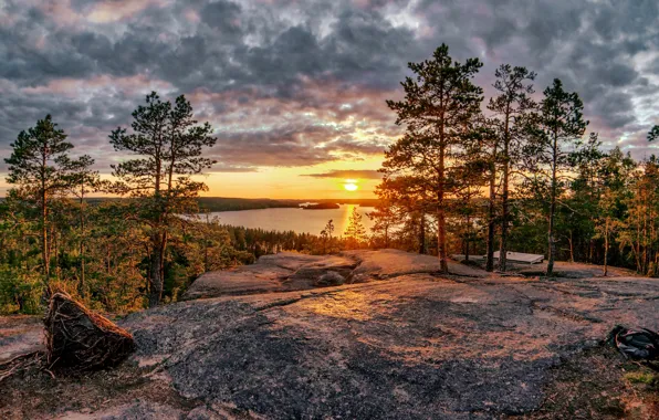 Картинка лес, деревья, закат, озеро, сосны, Финляндия, Finland, Lake Kirkkojärvi