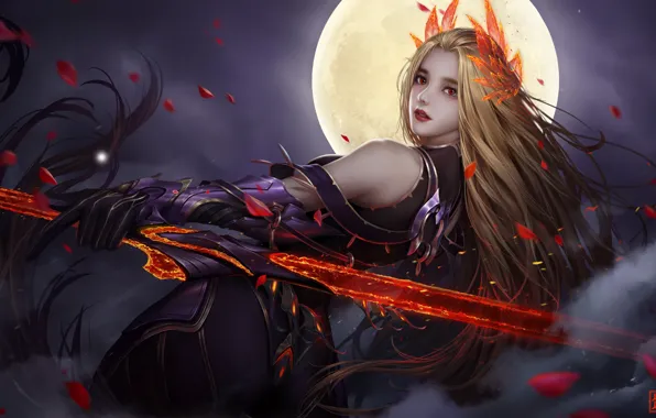 Девушка, Ночь, Рисунок, Луна, Girl, Moon, Art, Фантастика