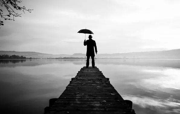 Umbrella, lake, man, pier