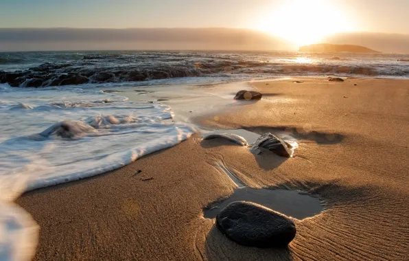 Картинка песок, море, закат, берег, волна