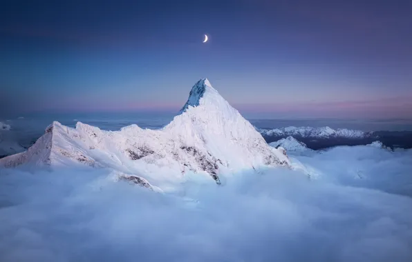 Moon, mountains, snow, peak