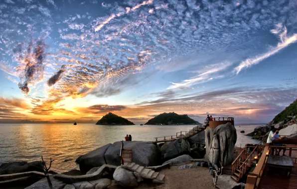 Картинка небо, облака, закат, камни, берег, вечер, кафе, Тайланд