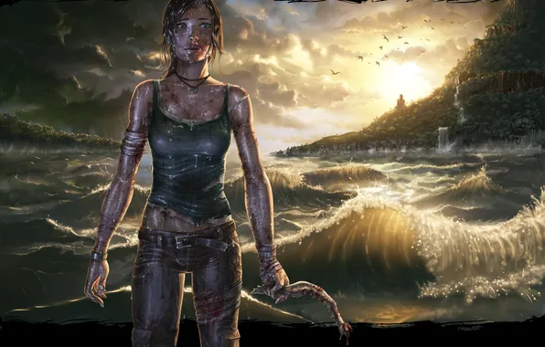 Картинка море, волны, Tomb Raider, Лара Крофт, Lara Croft