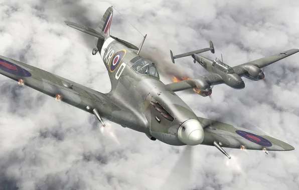 Картинка авиация, истребитель, Messerschmitt, британский, подбитый, Spitfire, Bf.110, спитфайр