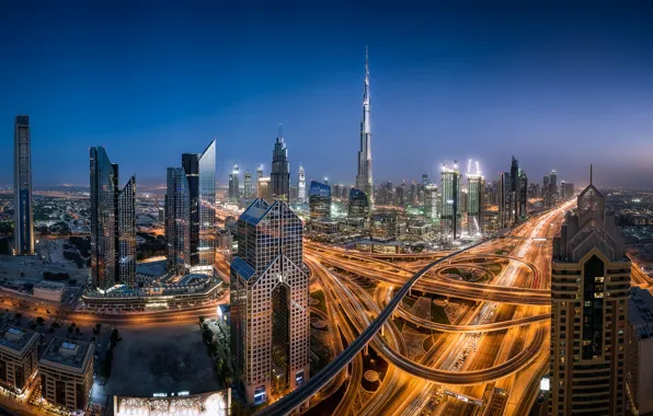 Картинка здания, дороги, панорама, Дубай, ночной город, Dubai, небоскрёбы, ОАЭ, UAE
