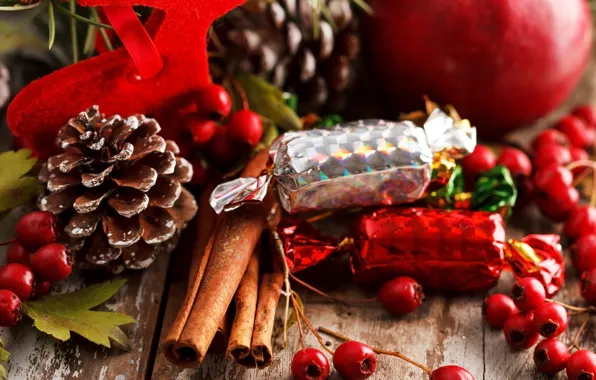 Ягоды, яблоко, еда, палочки, Новый Год, Рождество, конфеты, сладости