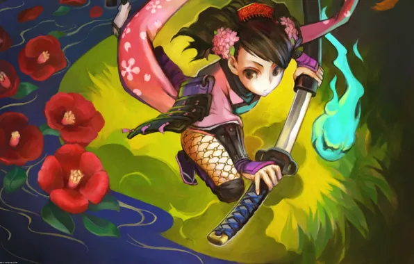 Картинка дух, катана, доспехи, momohime, muramasa, the demon blade, красные камелии