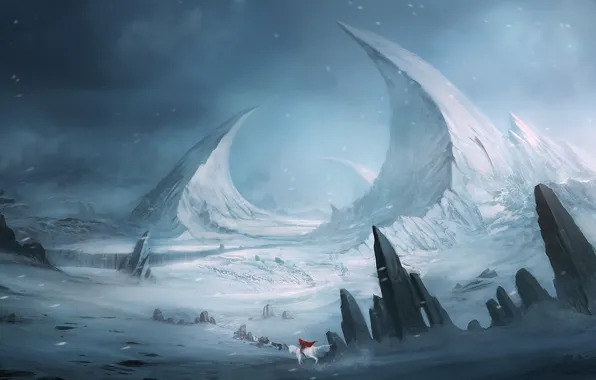 Картинка белый, снег, пейзаж, горы, красный, камни, скалы, конь