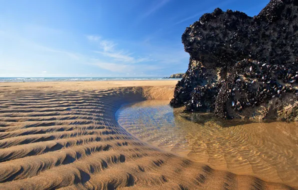 Картинка песок, пляж, вода, скала, отлив