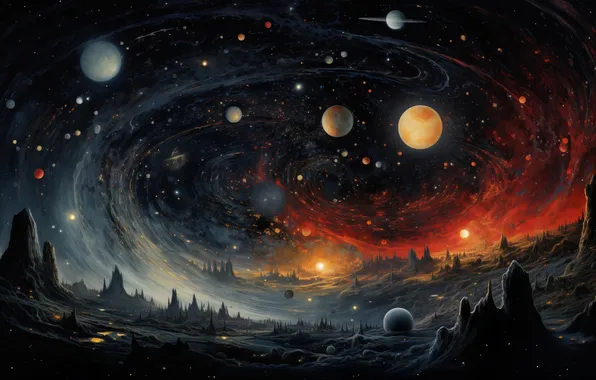 Звезды, горы, шары, планеты, mountains, stars, cosmos, planets