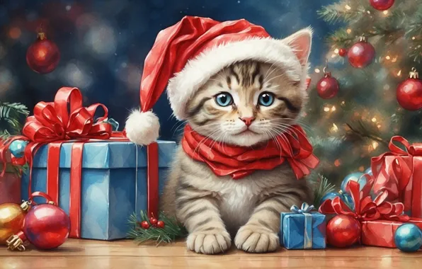 Кошка, взгляд, шарики, ветки, поза, котенок, рисунок, котик