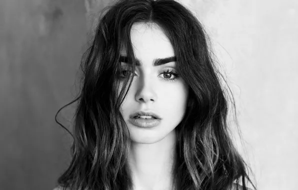 Взгляд, девушка, черно-белое, Lily Collins