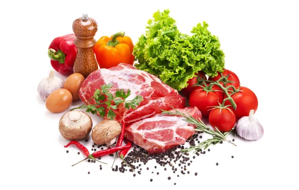 Картинка грибы, яйца, мясо, белый фон, перец, помидоры, салат, специи