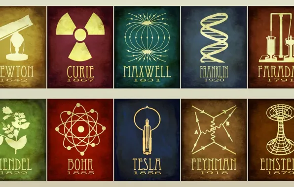 Картинка Tesla, Einstein, Franklin, Mendel, Faraday, Feynman, Maxwell, Curie