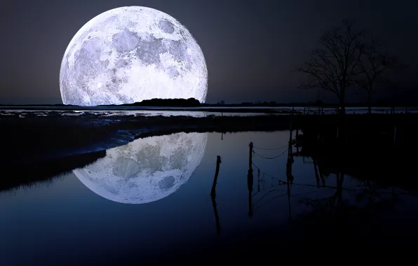 Небо, вода, природа, отражение, луна, ночные пейзажи