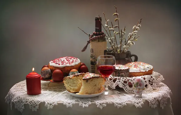 Вино, свеча, Пасха, кулич, верба, крашенки