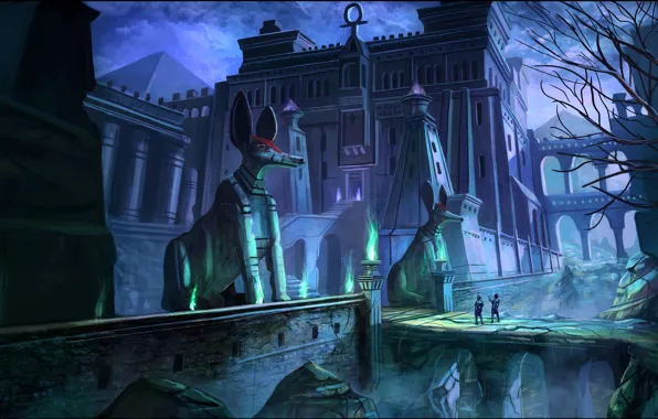 Ночь, мост, люди, замок, пирамиды, tomb