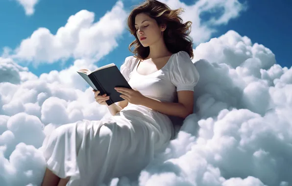Картинка sky, long hair, clouds, model, women, digital art, reading, books
