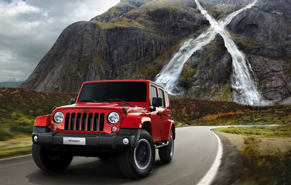 Картинка дорога, машина, горы, водопад, джип, автомобиль, Jeep, 2015