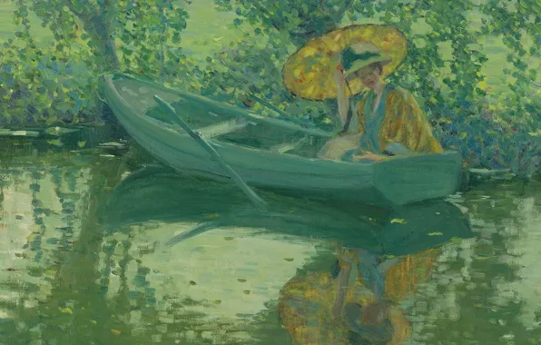 Картинка девушка, пейзаж, лодка, картина, зонт, Frederick Carl Frieseke, Фридрих Карл Фриске, На Реке