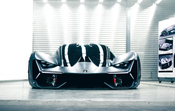 Картинка свет, отражение, Lamborghini, вид спереди, помещение, 2017, Terzo Millennio Concept