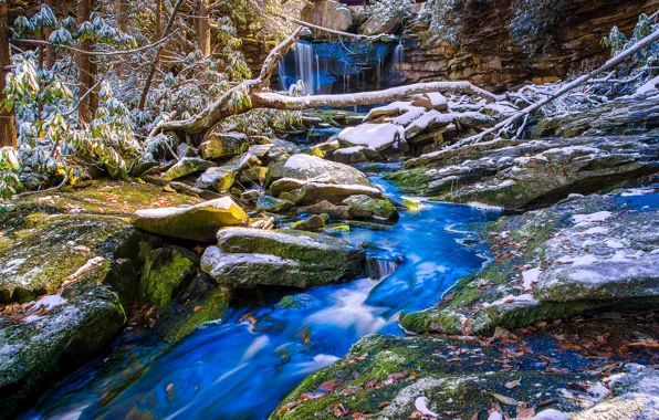 Картинка осень, снег, деревья, ручей, камни, водопад