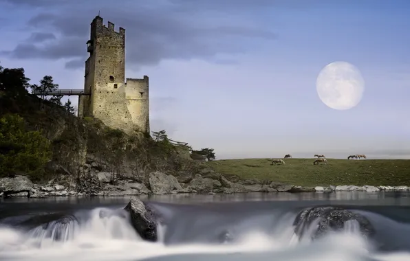Картинка пейзаж, замок, луна, Tyrolian Highlands