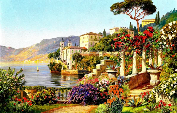 Картинка лето, вода, цветы, дома, кусты, Arnegger Alois
