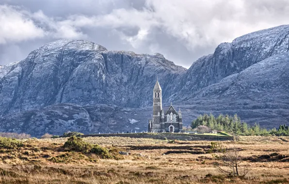 Cathedral, mountains, clouds, Ireland, architecture, countryside, Donegal, church