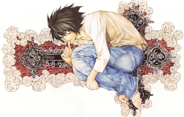 Гений, розы, крест, черные волосы, тетрадь смерти, Death note, странность, безумный дракон