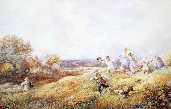 Небо, облака, пейзаж, дети, холмы, игра, картина, домик