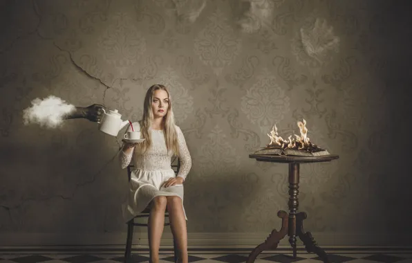 Девушка, фантазия, огонь, облако, платье, чашка, книга, Burning Breakfast