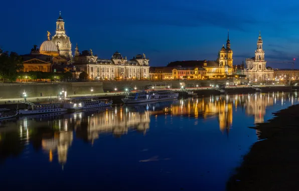 Картинка отражение, река, здания, дома, Германия, Дрезден, причал, ночной город