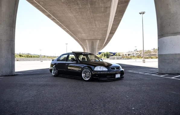Honda, black, japan, bridge, jdm, tuning, civic, low