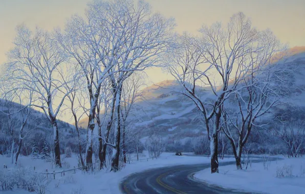Картинка зима, дорога, car, машина, снег, пейзаж, горы, вечер