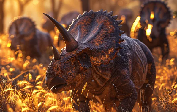 Трава, Деревья, Рога, Животные, Triceratops, Цифровое искусство, Динозавры, Древние животные