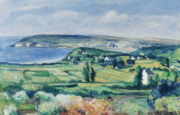 Море, пейзаж, дом, картина, долина, Анри Лебаск, Finistere, The Plain of Crozon