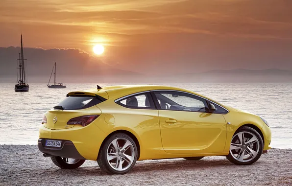 Картинка солнце, закат, озеро, яхта, Opel, Astra, GTC