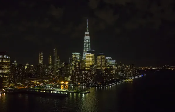 Картинка облака, ночь, огни, отражение, Нью-Йорк, зеркало, Соединенные Штаты, 1WTC
