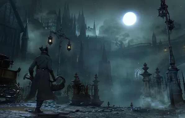 Картинка ночь, луна, охотник, bloodborne