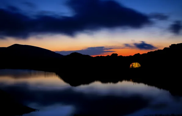 Mountain, lake, tents, camping