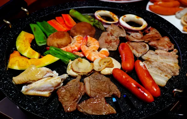 Сосиски, еда, мясо, разное, креветки, ассорти